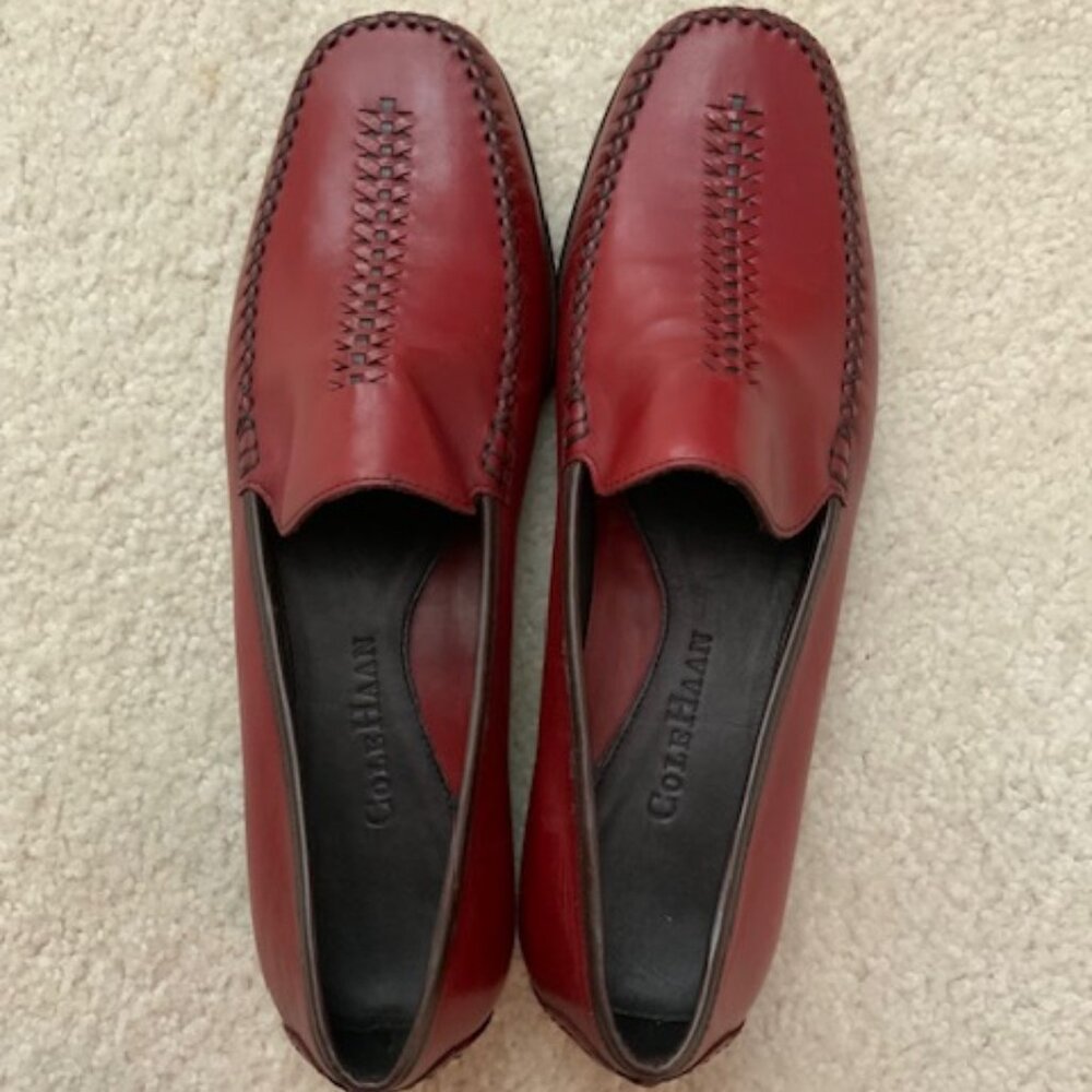 Cole Haan Red Leather Woven Trim Loafers—size 8.5